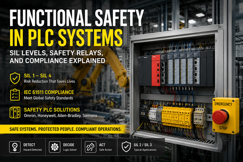 Seguridad funcional en sistemas PLC: niveles SIL, relés de seguridad y explicación del cumplimiento normativo.
