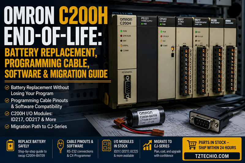 Fin de vida útil del Omron C200H: Sustitución de la batería, cable de programación, software y guía de migración.